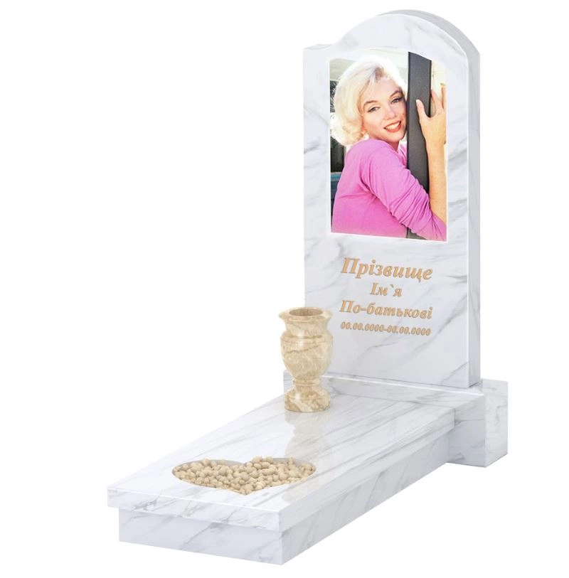 Основне Надгробок з мармуру одинарний з білого мармуру Волокас з серцем різьблена робота к11-vol-pf-100-50-08-011-r