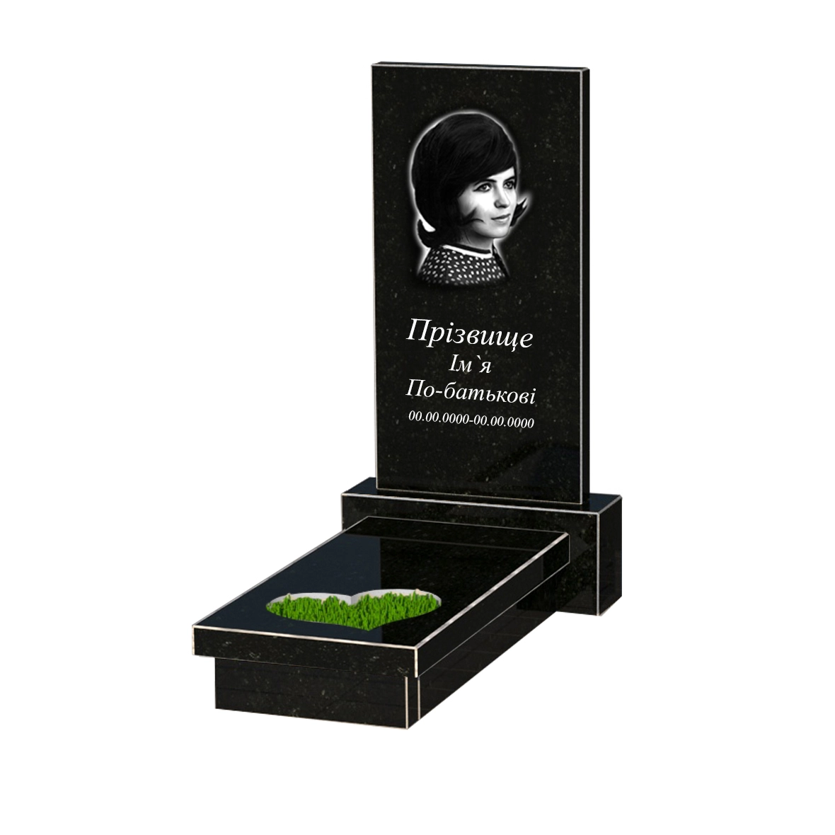 Основне Гранітна плита на могилу з серцем різьблена робота одинарна із чорного граніту Коростишів к11-kor-npf-80-40-05-001