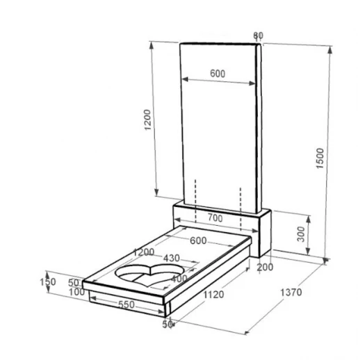 Размеры Гранитный памятник с сердцем резная работа одинарный из черного гранита Коростышев к11-kor-pf-120-60-08-001