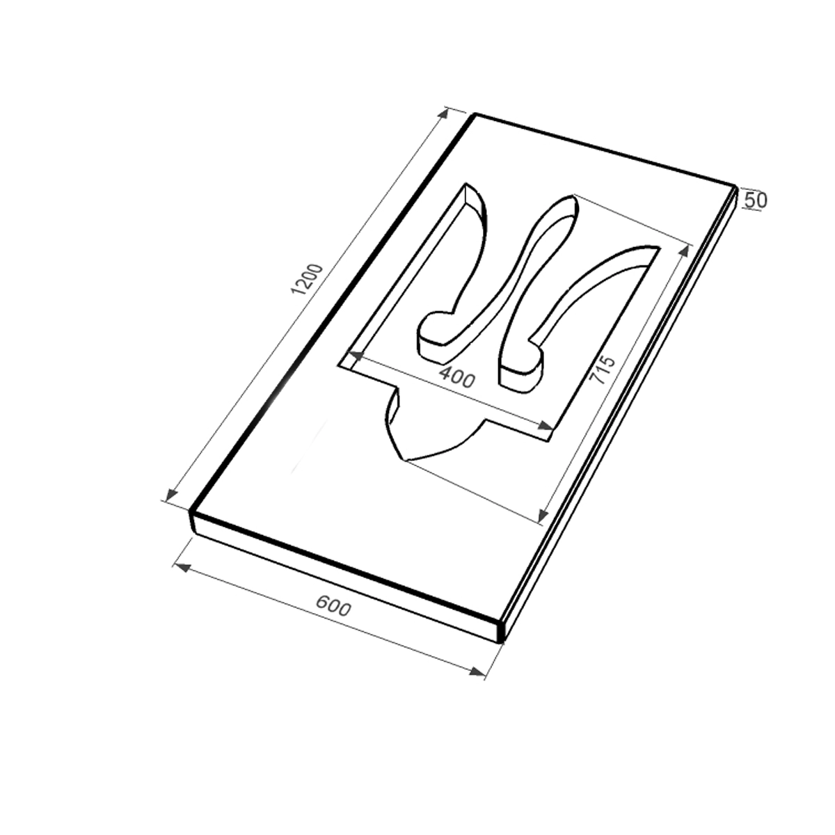 Розміри Надгробкова плита (замість квітника) шириною 60 см з граніту плита Тризуб із неполірованими фасками Букинського кар'єру pl-buk-npf-pt-120-60-05-TRIZUB