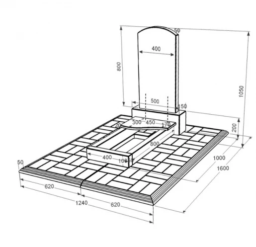 Размеры Гранитный памятник с плитой на цветнике одинарный из черного гранита Коростышев с волной резной к3-kor-npf-80-40-05-009-l-pbd1