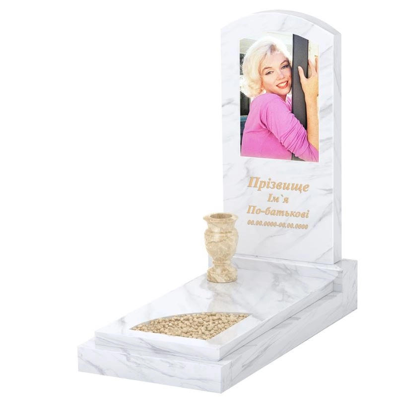 Основне Мармурова плита на могилу для матері одинарна з білого мармуру Волокас з вирізаним куточком к24-vol-pf-100-50-08-009