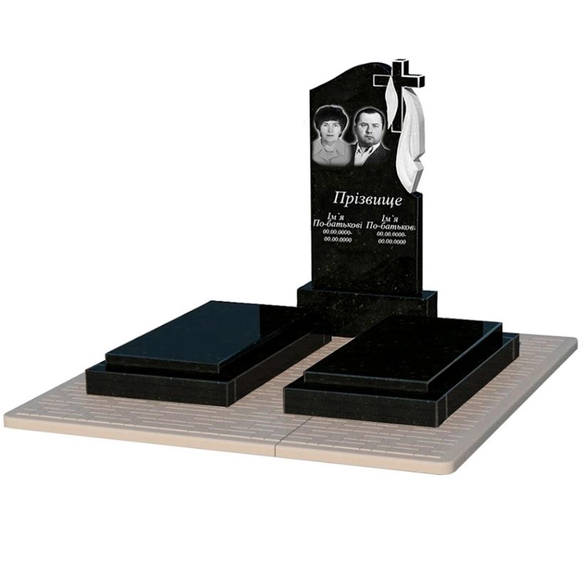 Основне Надгробок із граніту з плащаницею різьблений подвійний із чорного граніту Коростишів к21-kor-pf-100-50-08-142-r-pbd2