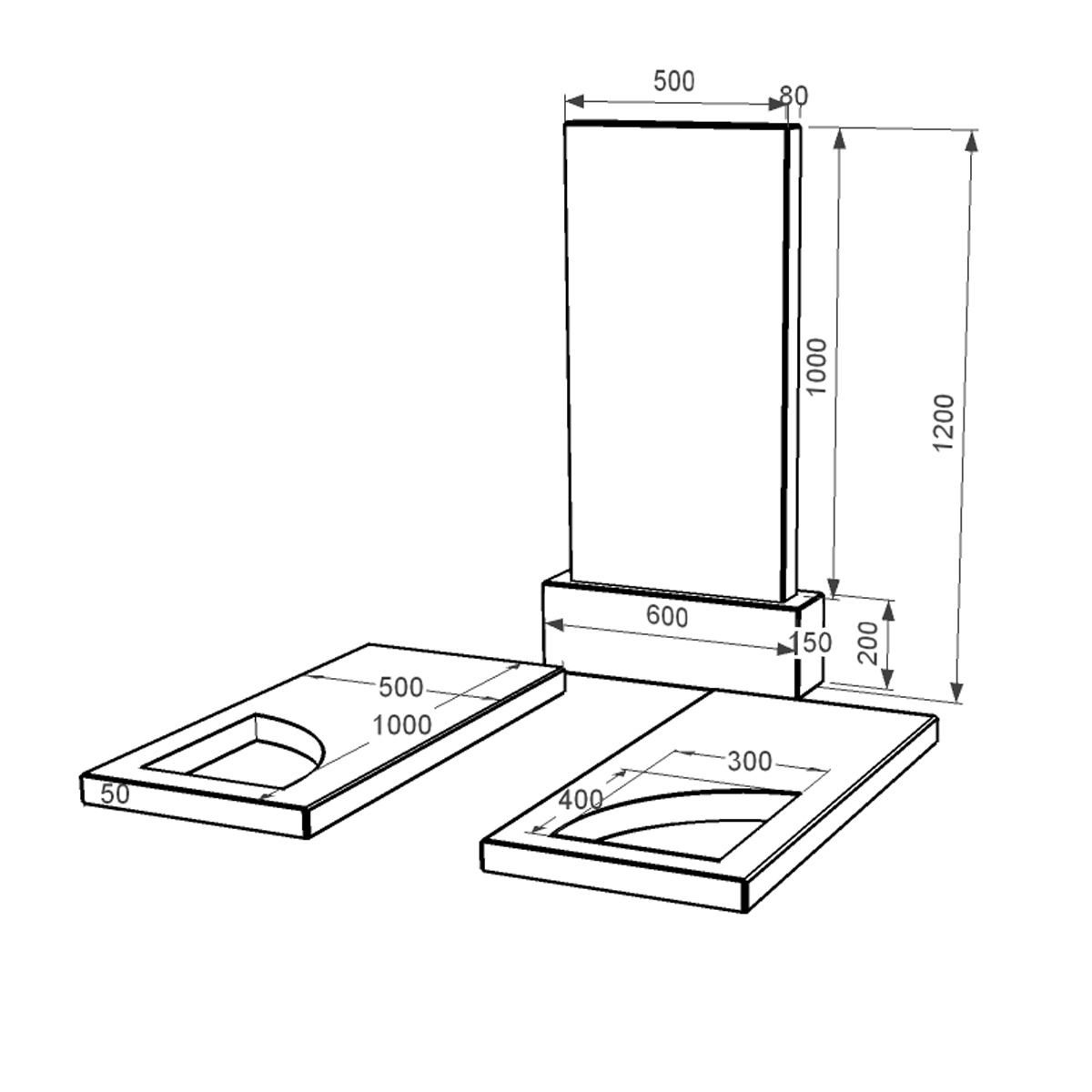 Розміри Подвійний гранітний пам'ятник із чорного граніту Коростишів з вирізаним куточком к18-kor-npf-100-50-08-001