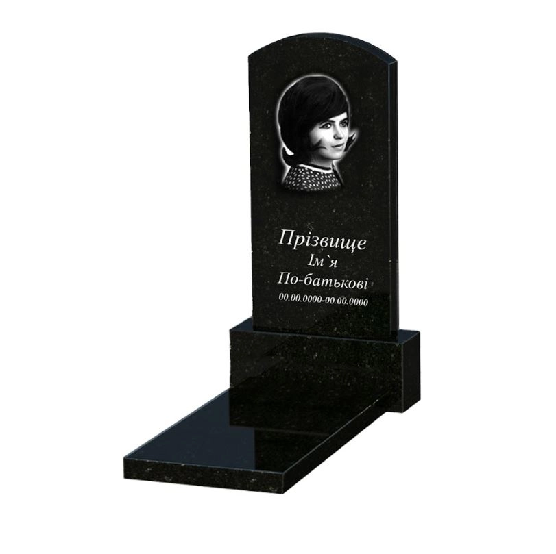 Основне Гранітний пам'ятник з полірованими фасками одинарний із чорного граніту Коростишів з дугою різьблений к7-kor-pf-80-40-05-009