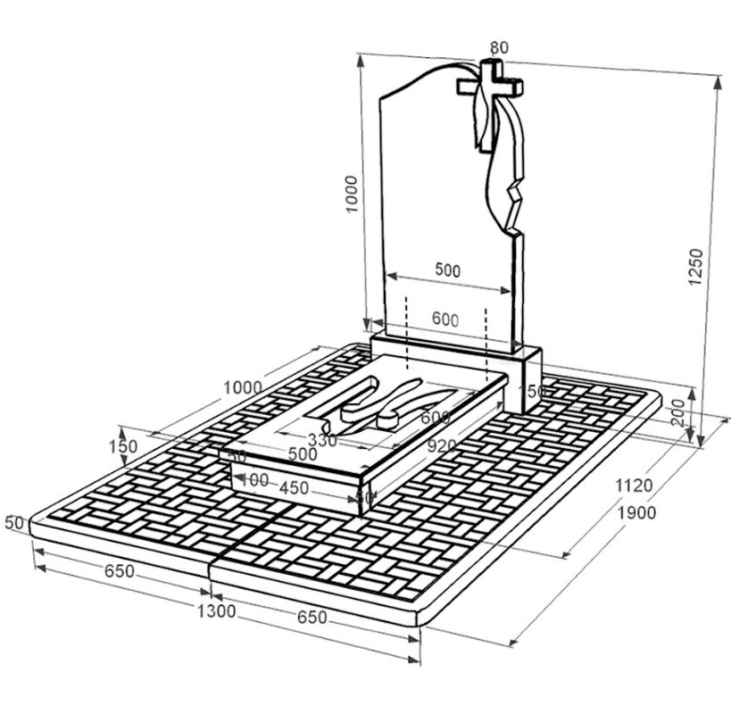 Розміри Гранітний пам'ятник з Тризубом вирізаним одинарний із чорного граніту Коростишів к8-kor-npf-100-50-08-142-r-pbd2