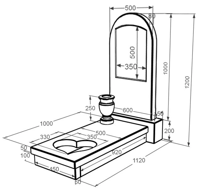 Розміри Мармуровий пам'ятник на кладовище одинарний з білого мармуру Волокас з серцем різьблена робота з полукруглою стелою к11-vol-pf-100-50-08-006