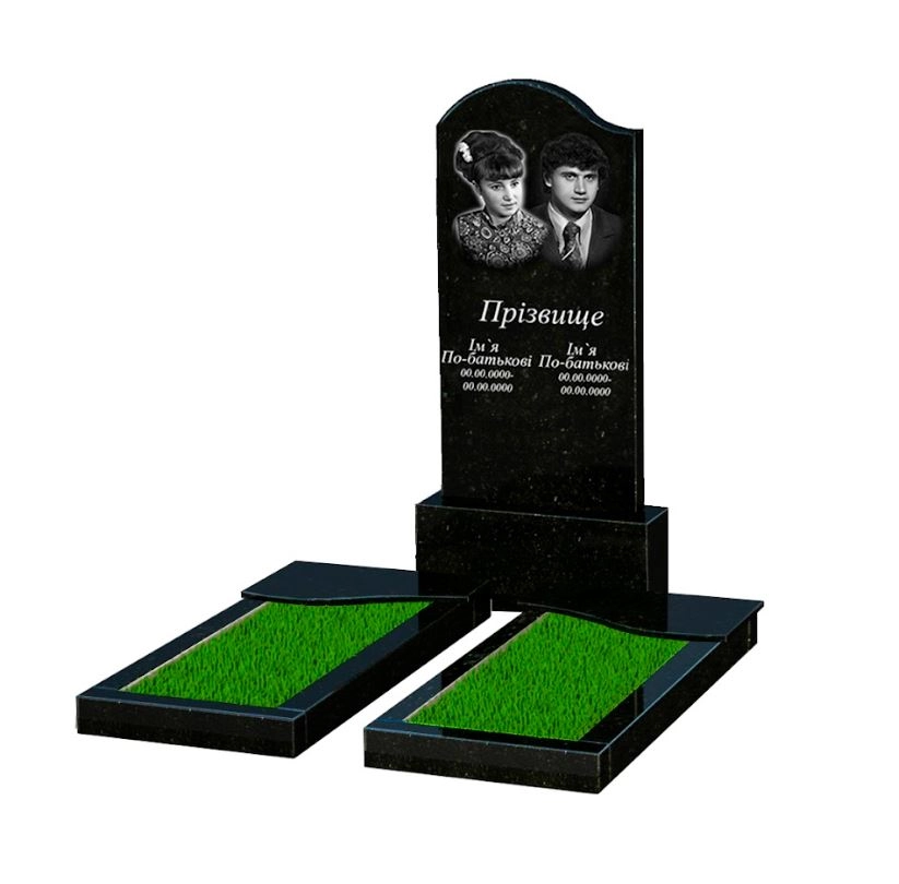 Основне Гранітний надгробок з повним поліруванням сторін подвійний із чорного граніту Коростишів з хвилею різьблений к15-kor-pf-120-60-08-011-l