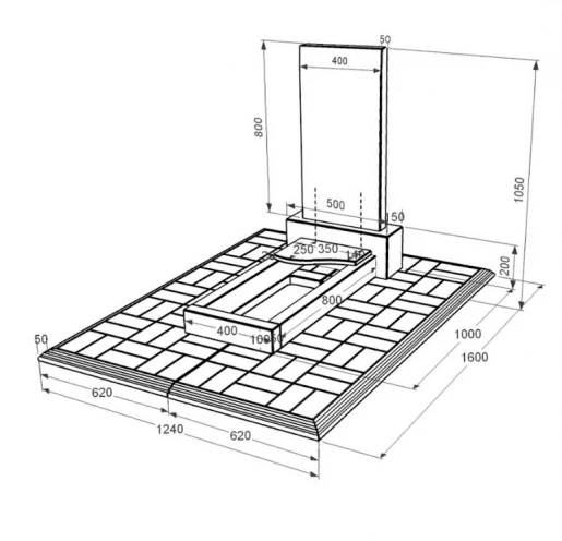 Размеры Гранитный памятник на кладбище с цветником одинарный из черного гранита Коростышев с волной резной к4-kor-npf-80-40-05-001-l-pbd1