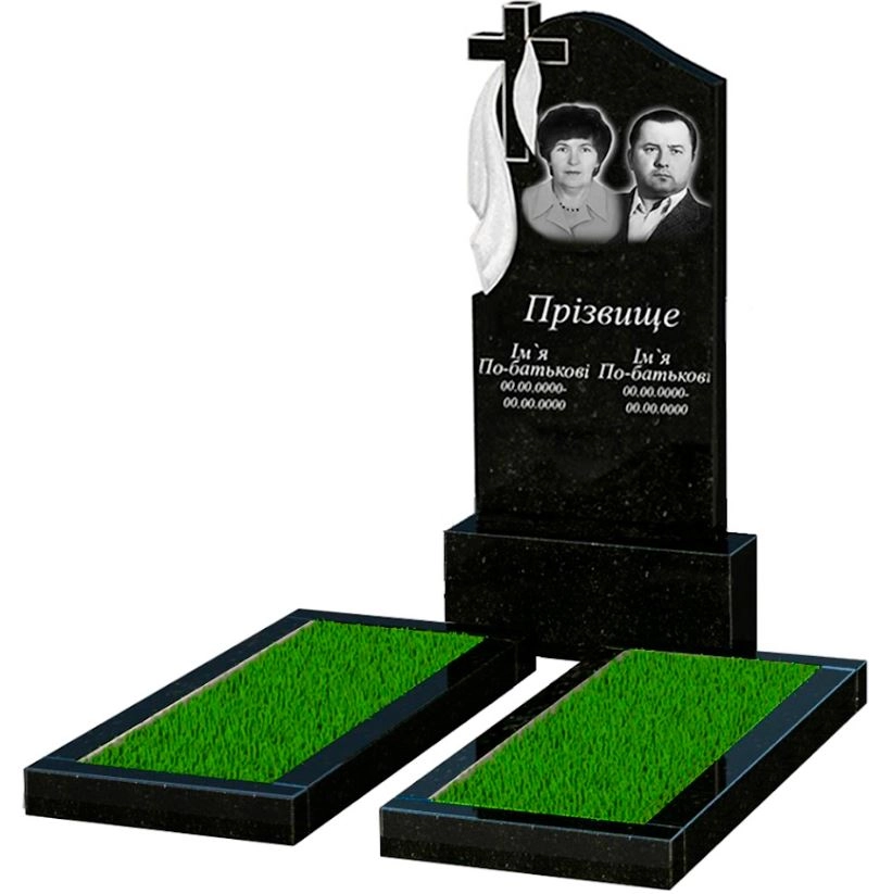 Основне Гранітний пам'ятник на кладовище з плащаницею та хрестом різьбленої форми подвійний із чорного граніту Коростишів к14-kor-pf-120-60-08-142