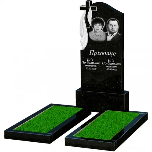 Основное Гранитный памятник на кладбище с плащаницей и крестом резной формы двойной из черного гранита Коростышев к14-kor-pf-120-60-08-142