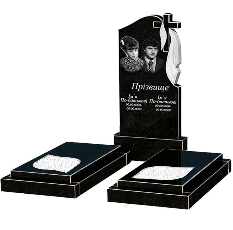 Основное Гранитный памятник супругам двойной из черного гранита Коростышев с листом резная работа к22-kor-npf-100-50-08-142-r