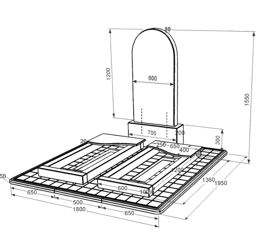 Розміри Гранітна плита на могилу габро подвійний із чорного граніту Коростишів з хвилею різьблений к15-kor-pf-120-60-08-006-pbd3