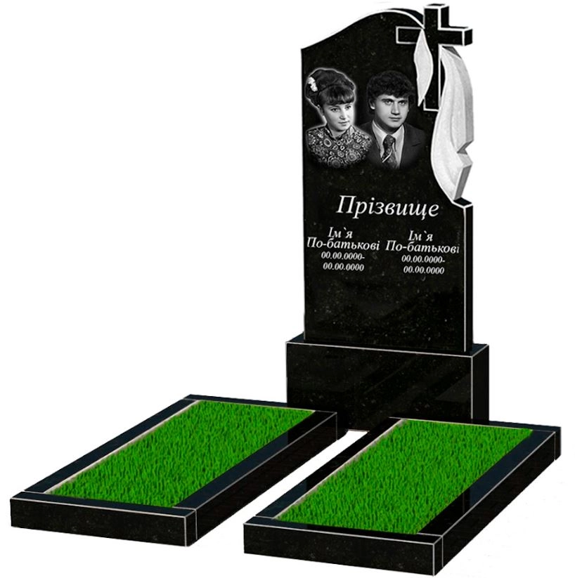 Основне Гранітна плита на могилу висотою 150 см подвійна із чорного граніту Коростишів з хрестом та плащаницею різьблена к14-kor-npf-120-60-08-142-r