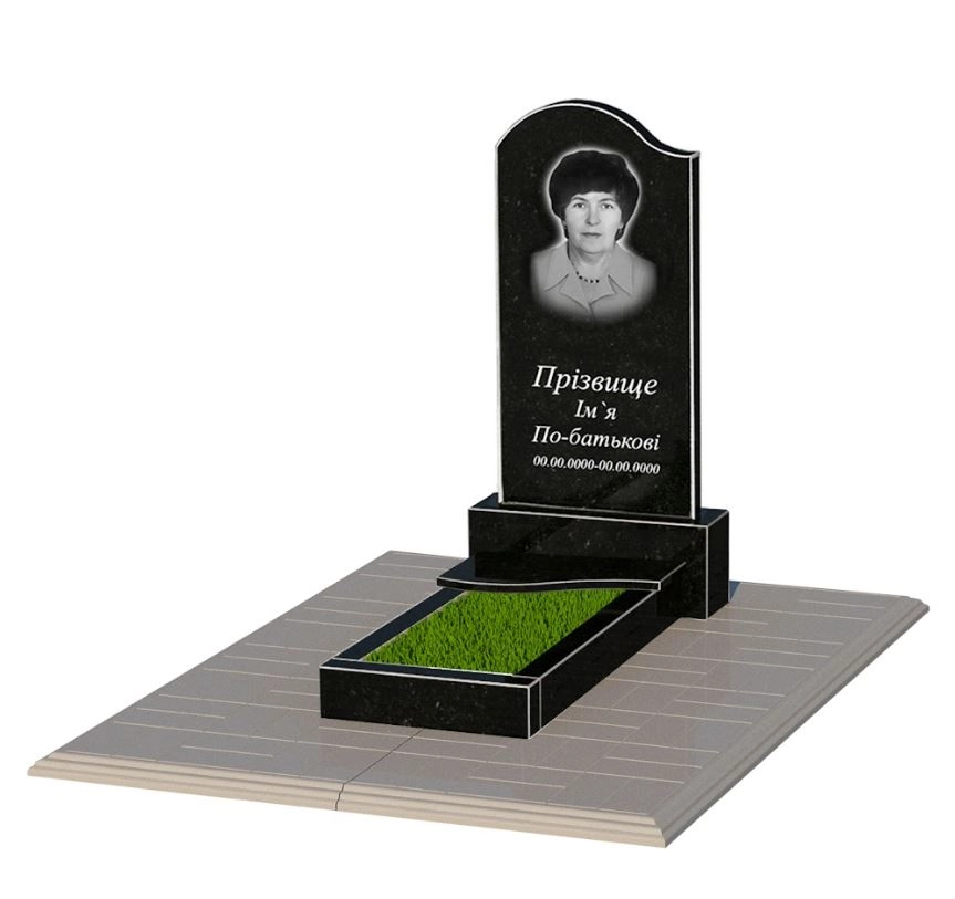 Основное Гранитный памятник с плитой на цветнике одинарный из черного гранита Коростышев с волной резной к3-kor-npf-80-40-05-011-l-pbd1