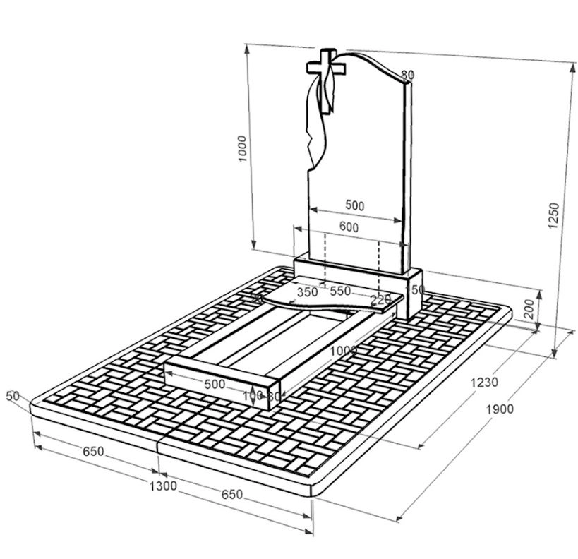 Розміри Гранітний пам'ятник з квітником одинарний із чорного граніту Коростишів з хвилею різьблений к3-kor-pf-100-50-08-142-pbd2