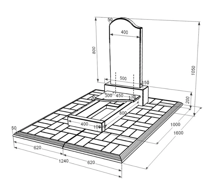 Размеры Гранитный памятник с плитой на цветнике одинарный из черного гранита Коростышев с волной резной к3-kor-npf-80-40-05-011-l-pbd1