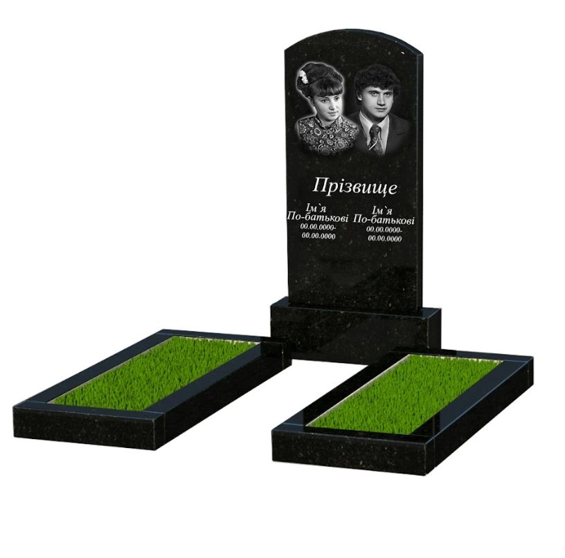Основное Памятник из гранита с вертикальным уровнем установки стелы двойной из черного гранита Коростышев с дугой резной к14-kor-pf-100-50-08-009