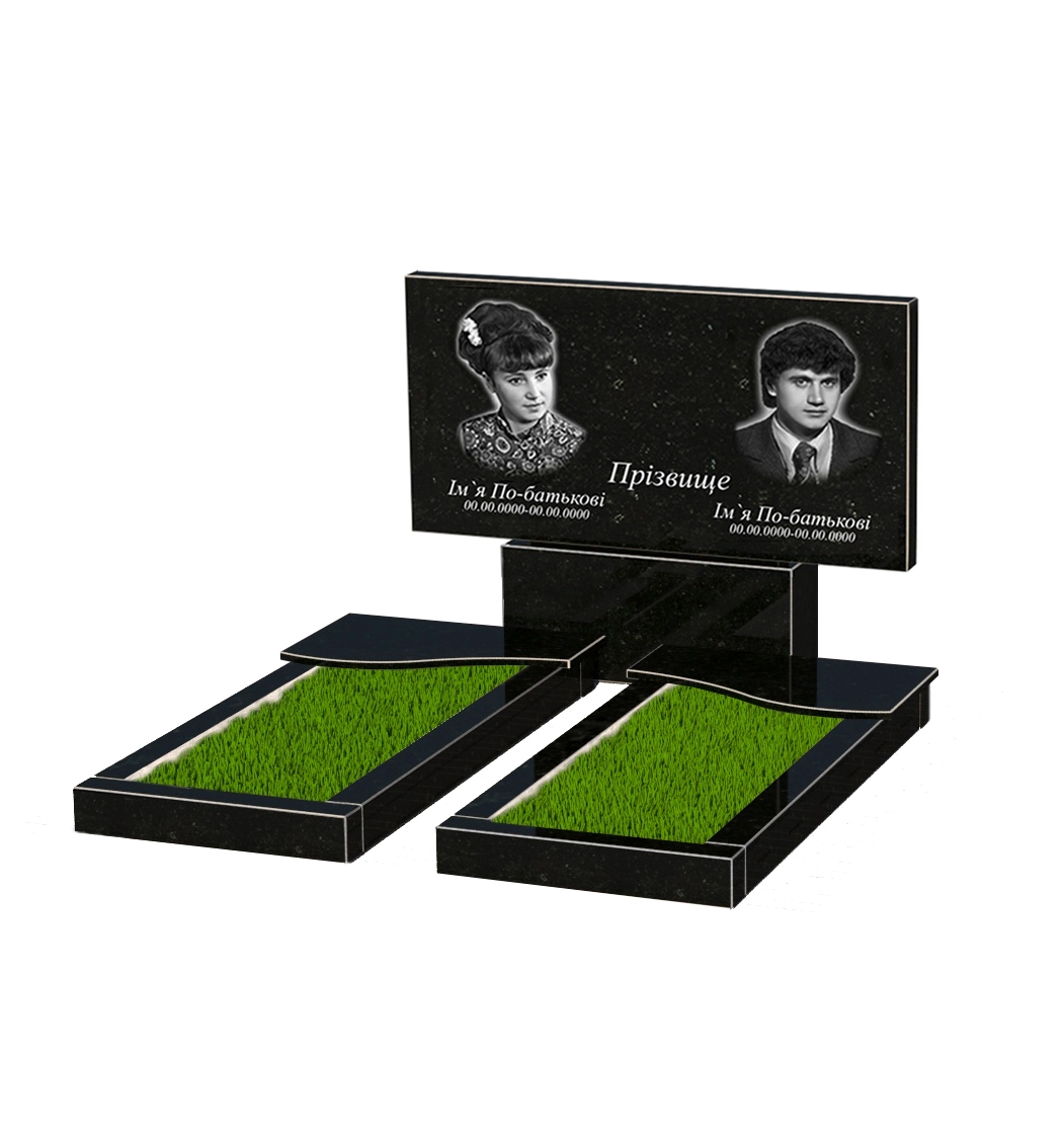 Основне Надгробок із граніту висотою 90 см подвійний із чорного граніту Коростишів з хвилею різьблений к15-kor-npf-60-120-08-001