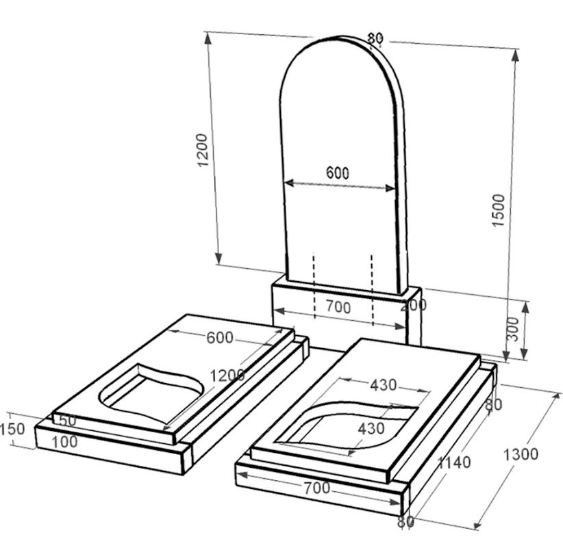 Размеры Гранитная плита на могилу полукруглой формы двойная из черного гранита Коростышев с листом резная работа к22-kor-pf-120-60-08-006