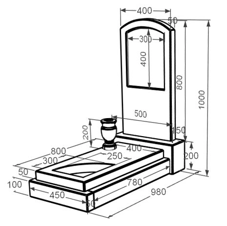 Розміри Мармуровий пам'ятник низький одинарний з білого мармуру Волокас з вирізаним куточком з дугою різьблений к24-vol-pf-80-40-05-009