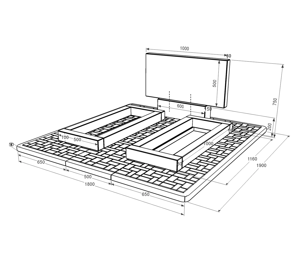 Розміри Гранітний пам'ятник на кладовище з квітником подвійний із чорного граніту Коростишів без різьблених робіт к14-kor-npf-50-100-08-001-pbd2