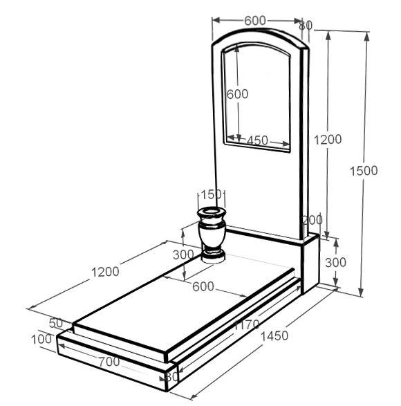 Розміри Мармуровий пам'ятник широкий одинарний з білого мармуру Волокас з дугою різьблений к12-vol-pf-120-60-08-009