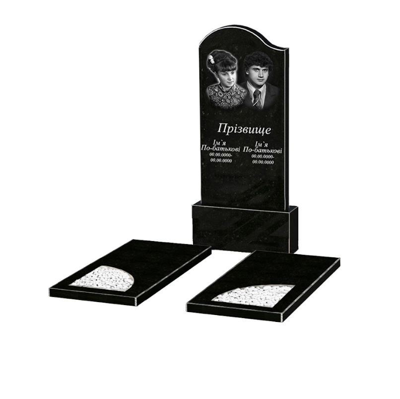 Основное Надгробный памятник из гранита черного цвета двойной из черного гранита Коростышев с волной и уголком резной к18-kor-npf-120-60-08-011