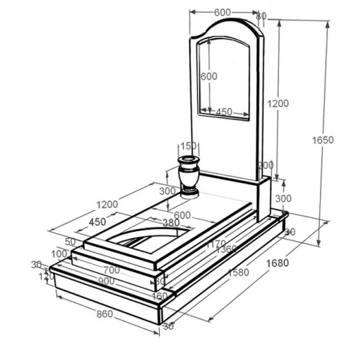 Розміри Пам'ятник із мармуру великий одинарний з білого мармуру Волокас з вирізаним куточком к24-vol-pf-120-60-08-011-r-ck
