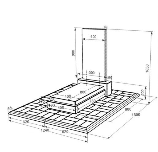 Розміри Гранітний пам'ятник з протиусадковою плитою одинарний із чорного граніту Коростишів без різьблених робіт к12-kor-npf-80-40-05-001-pbd1