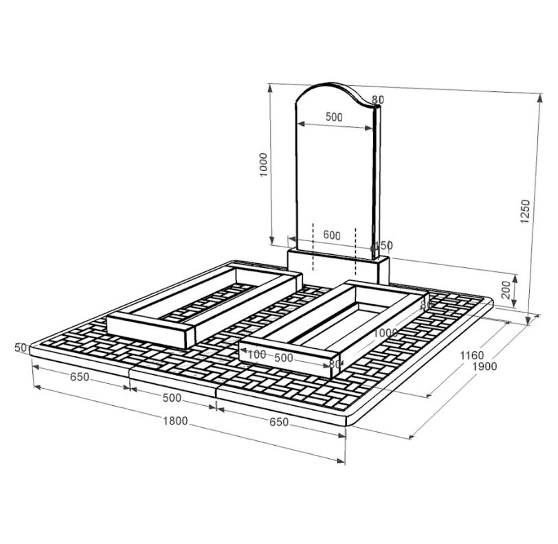 Розміри Надгробок із граніту з квітником без плити подвійний із чорного граніту Коростишів з хвилею різьблений к14-kor-pf-100-50-08-011-l-pbd2
