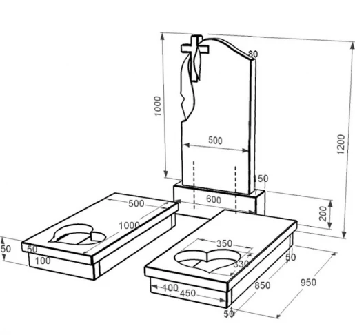 Розміри Гранітний пам'ятник з серцем різьблена робота подвійний із чорного граніту Коростишів к20-kor-pf-100-50-08-142