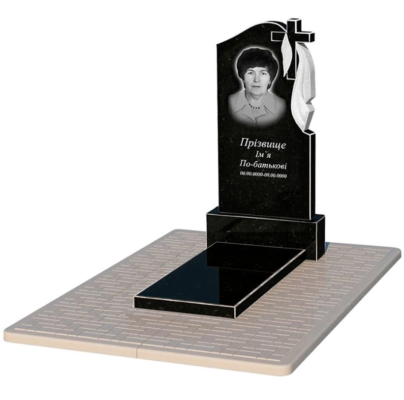 Основне Гранітний пам'ятник для матері одинарний із чорного граніту Коростишів з хрестом та плащаницею різьблений к7-kor-npf-100-50-08-142-r-pbd2