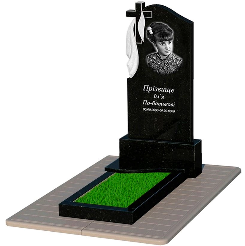 Основне Гранітний пам'ятник широкий одинарний із чорного граніту Коростишів з хвилею різьблений к3-kor-pf-120-60-08-142-pbd3