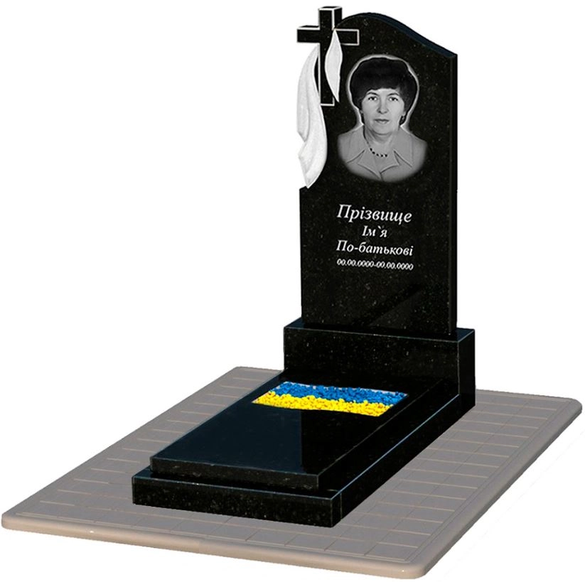 Основное Одинарный гранитный памятник из черного гранита Коростышев с вырезанным флагом к6-kor-pf-120-60-08-142-pbd3