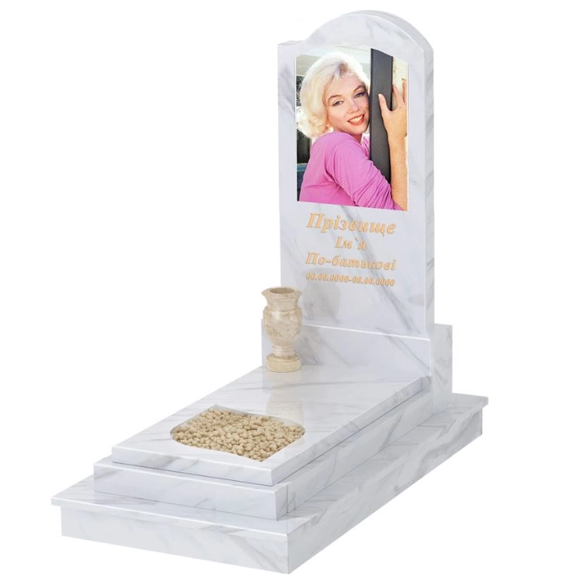 Основне Надгробок з мармуру з цоколем одинарний з білого мармуру Волокас з листом різьблена робота к13-vol-pf-120-60-08-011-r-ck