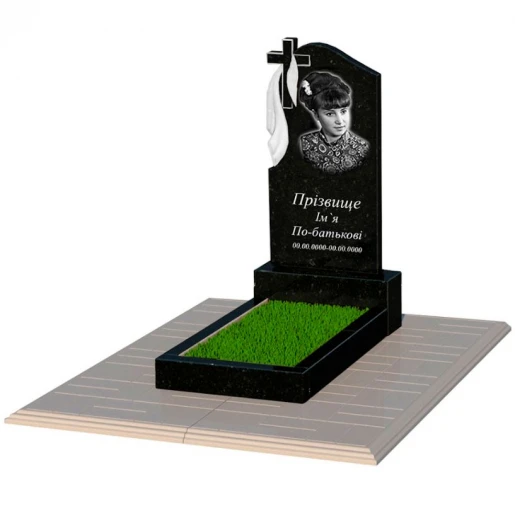 Гранітний пам'ятник з хрестом різьблена робота одинарний із чорного граніту Коростишів з плащаницею різьблений к2-kor-pf-80-40-05-142-pbd1