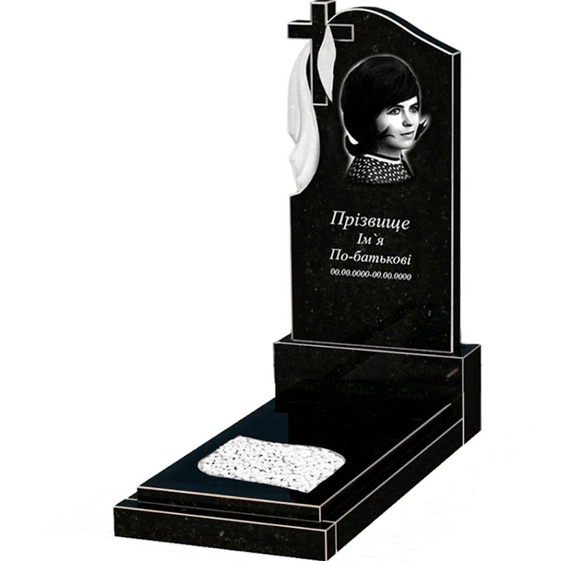 Основне Гранітний пам'ятник стела 120х60 см одинарний із чорного граніту Коростишів з листом різьблена робота к13-kor-npf-120-60-08-142