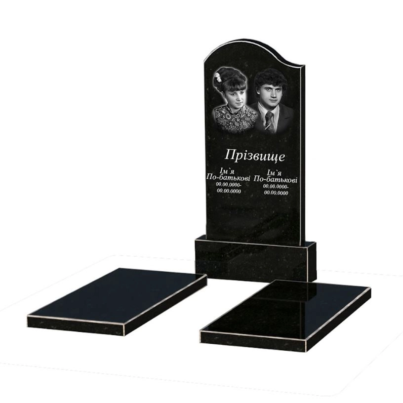 Основне Гранітний пам'ятник із неполірованими фасками подвійний із чорного граніту Коростишів з хвилею різьблений к17-kor-npf-100-50-08-011