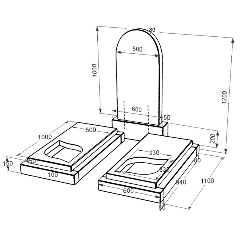 Розміри Пам'ятник із граніту напівкруглої форми подвійний із чорного граніту Коростишів з листом різьблена робота к22-kor-pf-100-50-08-006