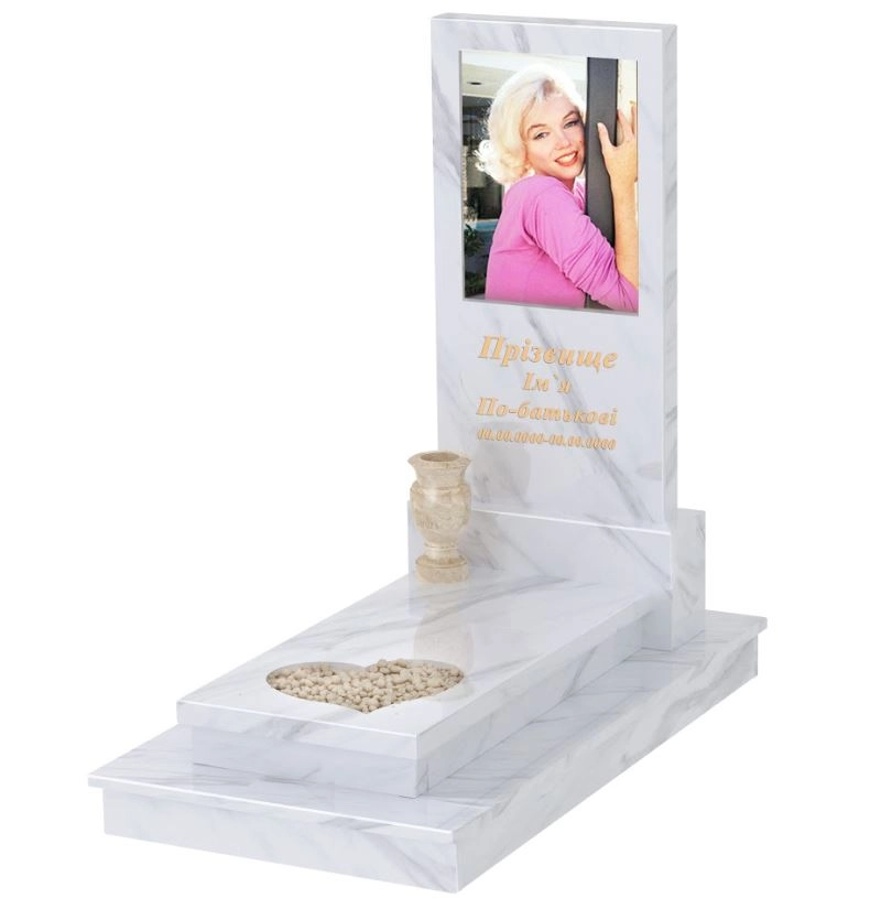 Основне Надгробок з мармуру широкий одинарний з білого мармуру Волокас з серцем різьблена робота к11-vol-pf-120-60-08-001-ck