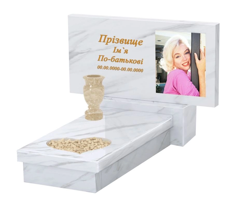 Основне Мармуровий пам'ятник дівчинам одинарний з білого мармуру Волокас з серцем різьблена робота к11-vol-pf-40-80-05-001