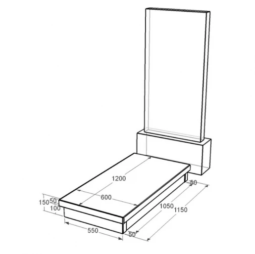 Размеры Гробница на могилу длиной 1200 мм 1200x600x150 из гранита с неполированными фасками Коростышевского карьера серия Базис gr-kor-npf-1200-600-Bazys-4-np