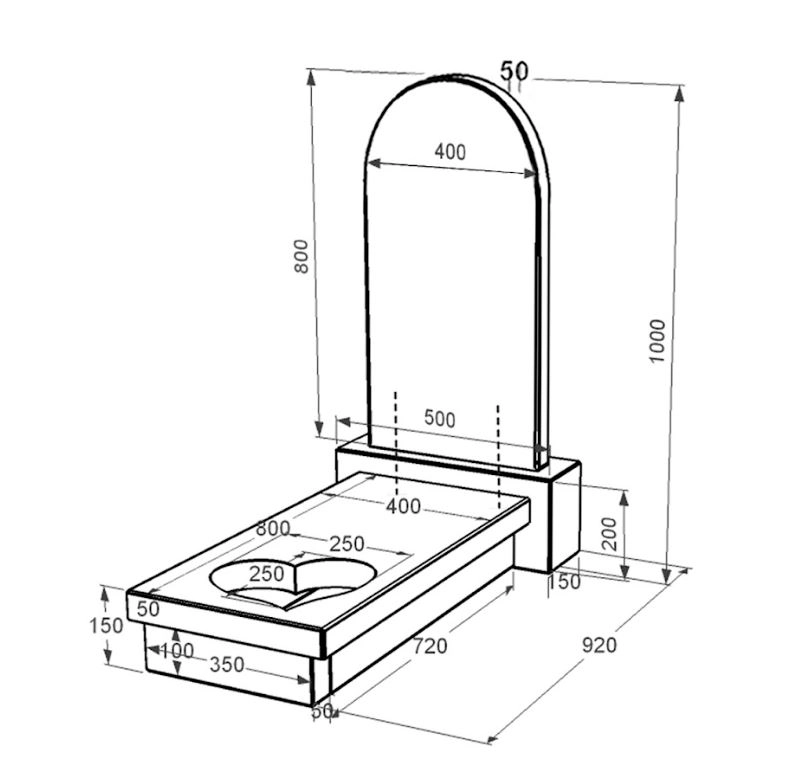 Розміри Пам'ятник із граніту напівкруглої форми одинарний із чорного граніту Коростишів з серцем різьблена робота к11-kor-npf-80-40-05-006