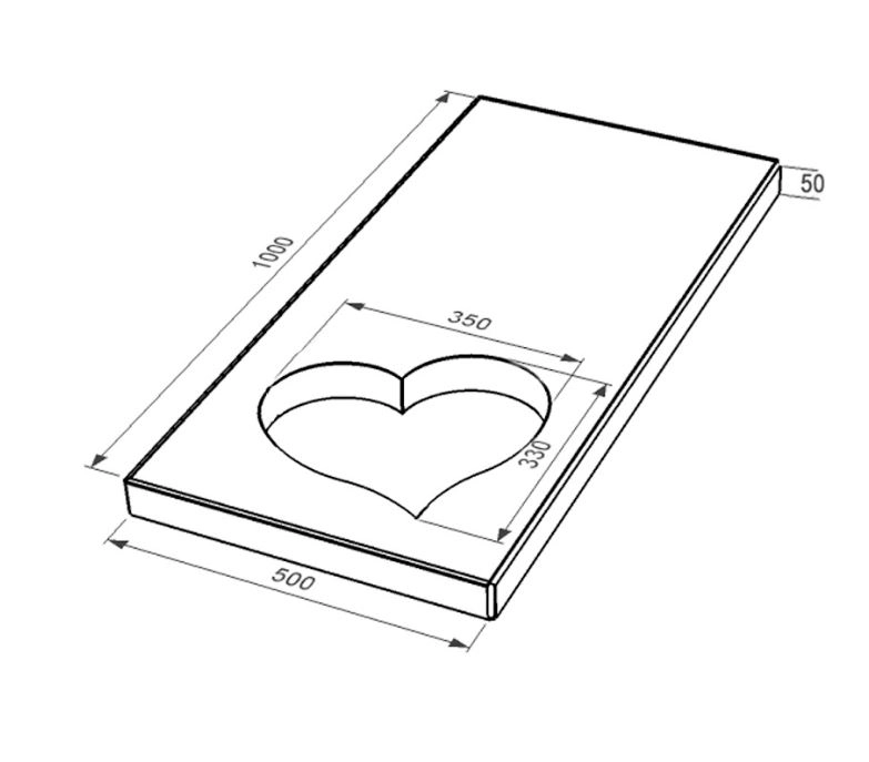 Розміри Надгробна плита коричневого кольору 1000x500x50 з Токівського граніту із неполірованими фасками серія Серце ліва pl-tok-npf-npt-100-50-05-SERCE-l