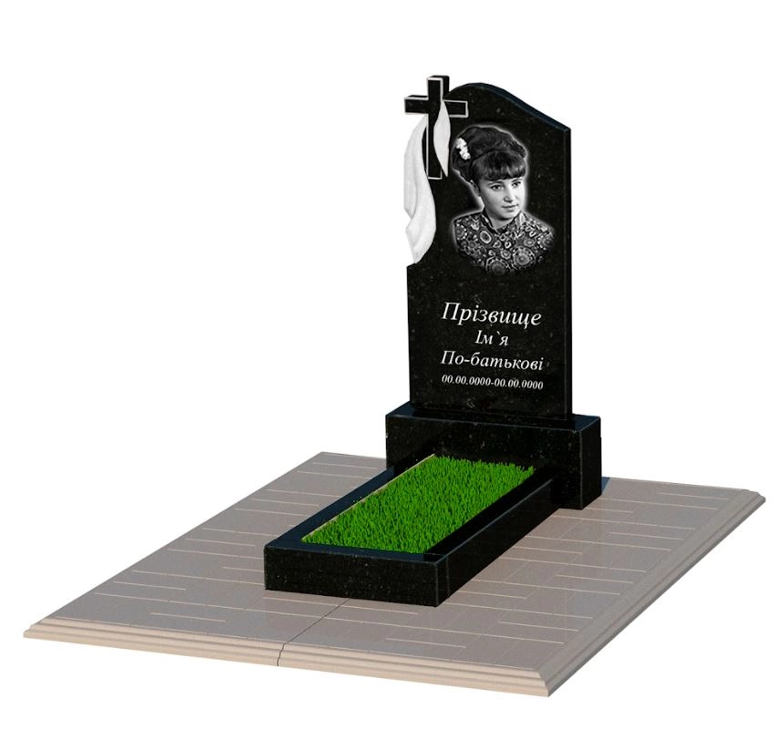 Основне Гранітний пам'ятник маленький одинарний із чорного граніту Коростишів з хрестом різьблений з плащаницею різьблений к1-kor-pf-80-40-05-142-pbd1