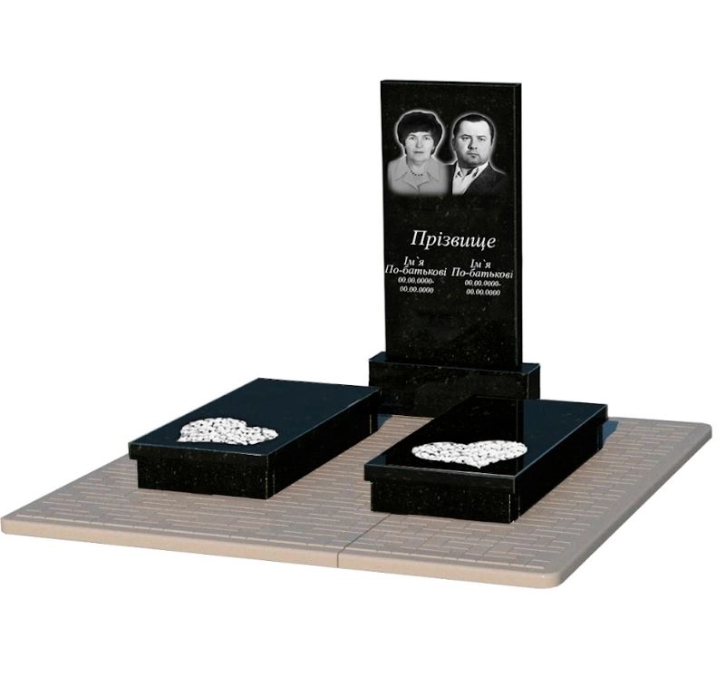 Основне Надгробний пам'ятник із граніту середнього розміру подвійний із чорного граніту Коростишів з серцем різьблена робота к20-kor-pf-100-50-08-001-pbd2