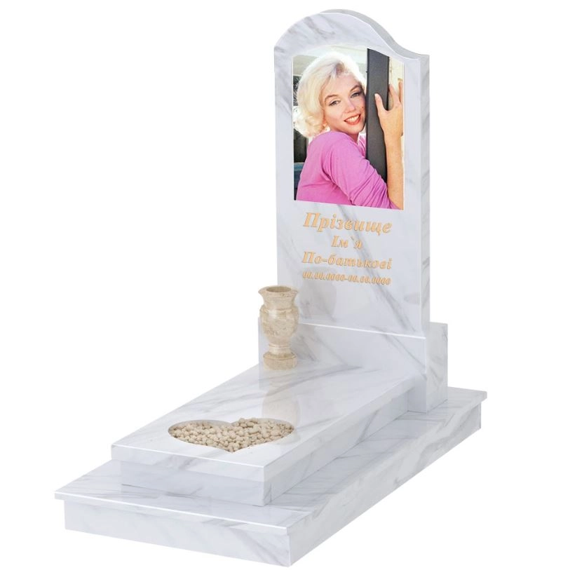 Основне Пам'ятник із мармуру стела 120х60 см одинарний з білого мармуру Волокас з серцем різьблена робота к11-vol-pf-120-60-08-011-l-ck