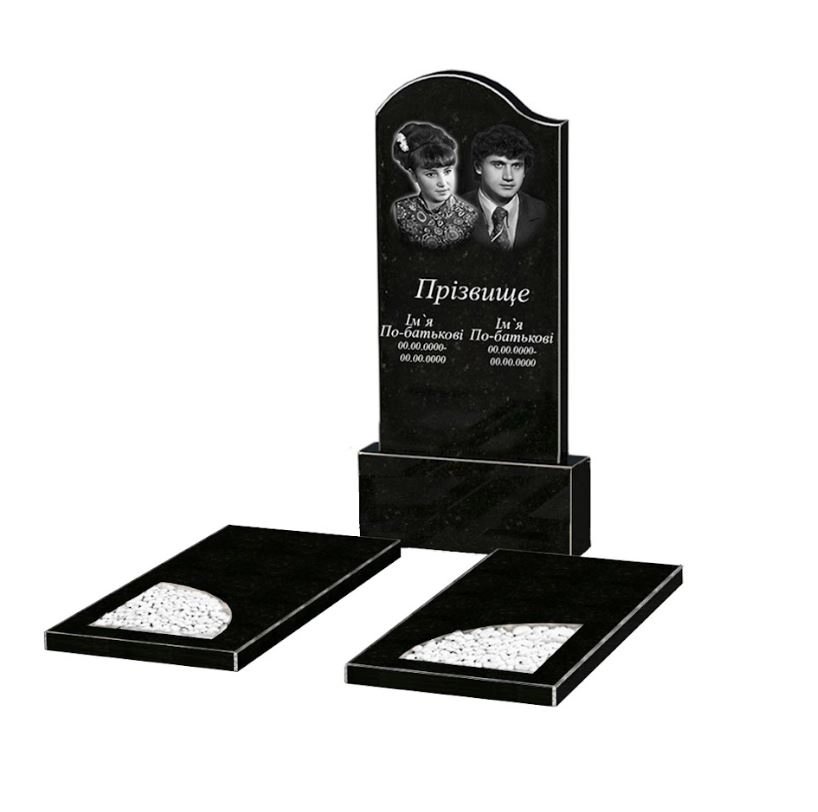 Основне Подвійний пам'ятник із граніту із чорного граніту Коростишів з вирізаним куточком к18-kor-npf-100-50-08-011