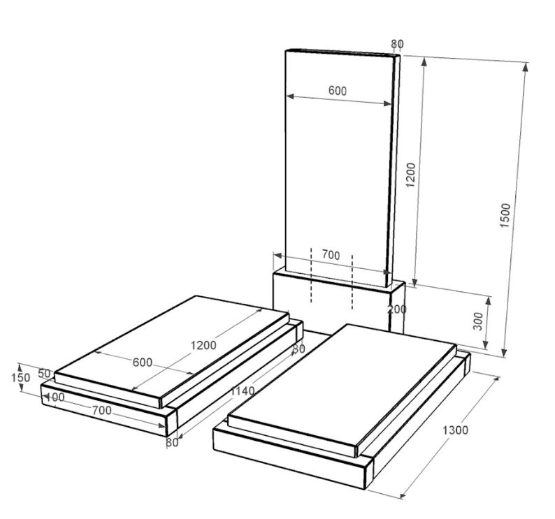 Розміри Гранітний пам'ятник з гробницею подвійний із чорного граніту Коростишів без різьблених робіт к21-kor-pf-120-60-08-001